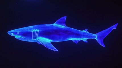Fototapeta premium Electric Blue Shark Silhouette Against Black Backdrop Neon Marine Predator Image