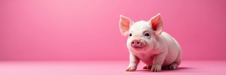 Adorable piglet with cool shades on vibrant pink backdrop, accessories, playful