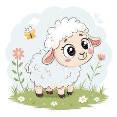 Fototapeta premium Cute Cartoon Lamb in a Meadow with Flowers and a Butterfly