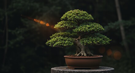 Japanese Bonsai Tree in Pot on Stone Pedestal with Forest Background