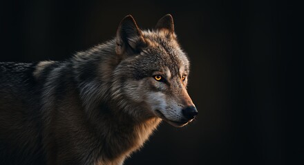 Fototapeta premium Captivating Portrait of a Majestic Gray Wolf Against a Dark Background