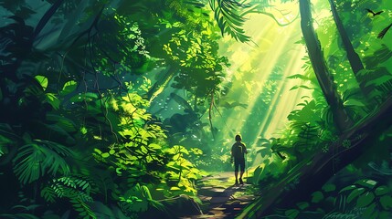 A solo traveler hiking a remote trail in a lush jungle with sunlight streaming through trees.

