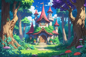 Fototapeta premium Colorful Anime Fantasy Forest Background Art Illustration