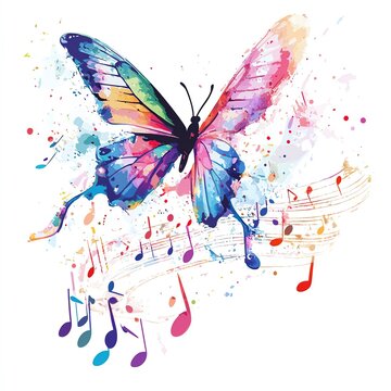 Vibrant watercolor butterfly with flowing musical notes, symbolizing harmony and creativity.