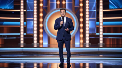 Charismatic Television Host on a Game Show Stage with Dramatic Lighting and Vibrant Set Design
