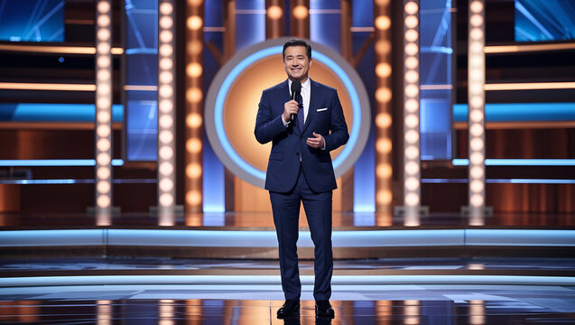 Charismatic Television Host on a Game Show Stage with Dramatic Lighting and Vibrant Set Design

