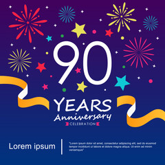 90th years anniversary celebration emblem logo isolated with ribbon, stars and fireworks sparkle twinkle. vector illustration template design for web, flyers, poster, invitation card, greeting card	