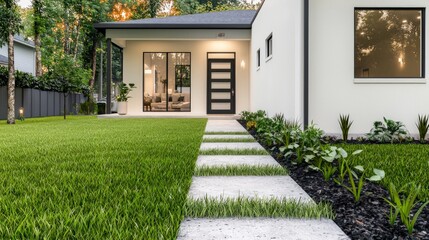 Naklejka premium Modern House Exterior Lush Garden Minimalist Design Stone Pathway