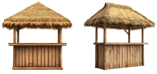 Simple wooden tiki bar with a thatched roof, in a transparent background