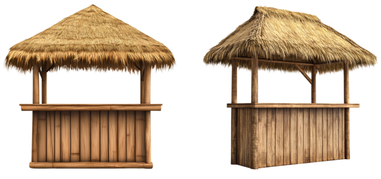 Simple wooden tiki bar with a thatched roof, in a transparent background