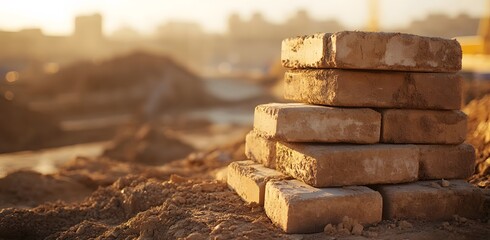 Stacked clay bricks at a construction site during sunset
