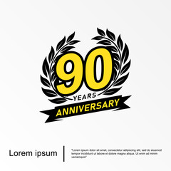 90th years anniversary celebration emblem. anniversary logo isolated with laurel wreath and ribbon. vector illustration template design for web, flyers, poster, invitation card or greeting card	
