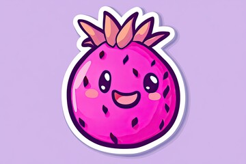 Obraz premium A cute sticker of a kawaii dragon fruit with a happy face on a soft purple background. 