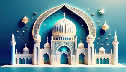 Fototapeta premium Elegant 3D Islamic Scene with Crescent Moon and Ornate Mosque. Luxurious Crescent Moon and Minaret Mosque Illustration for Ramadan