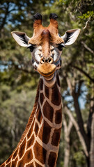 Fototapeta premium Majestic African Giraffe in Serene Safari Park: Close-Up Wildlife Portrait with Vibrant Colors and Unique Features