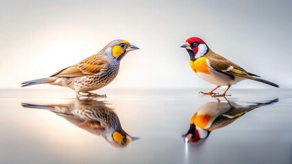 Bird Chat: Low-Angle Power Shot with Glass Reflection on Solid Background