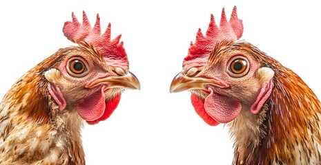 Naklejka premium Two hens face each other in profile view