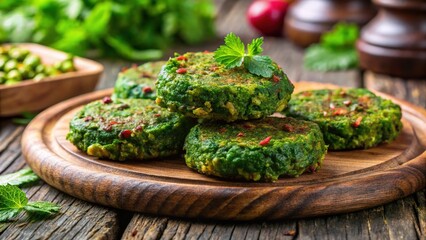 Delicious Hara Bhara Kababs, vibrant green vegetable patties, close-up shot on rustic wooden board.