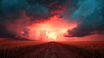 Dramatic Sunset Sky Over Serene Agricultural Field Under Colorful Clouds