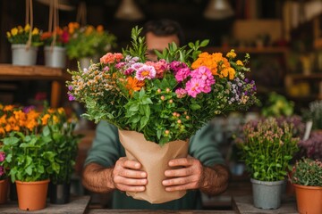 Vibrant Flower Bouquet in Florist's Hands Amidst Lush Garden Setting