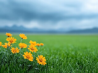 Obraz premium Vibrant yellow flowers blooming in a lush green field under a cloudy sky