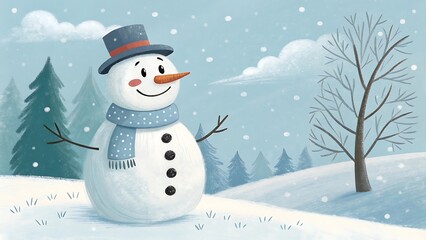 Obraz premium Adorable Snowman in Winter Wonderland Cute Christmas Illustration