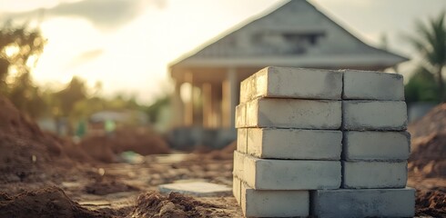 Naklejka premium Stacked Concrete Blocks Near House Construction Site