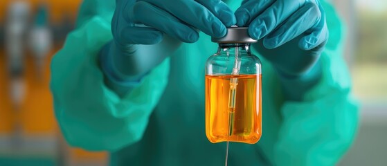 Medical Professional Handling Vial with Orange Liquid for Precision Laboratory Work