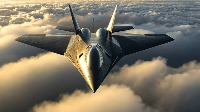 Stealth Fighter Soaring: A cutting-edge stealth fighter jet dominates the sky, its sleek form and advanced technology revealed against a dramatic backdrop of clouds. 