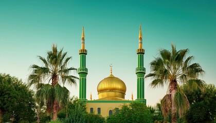 Elegant 3D Islamic Scene with Crescent Moon and Ornate Mosque. Luxurious Crescent Moon and Minaret Mosque Illustration for Ramadan