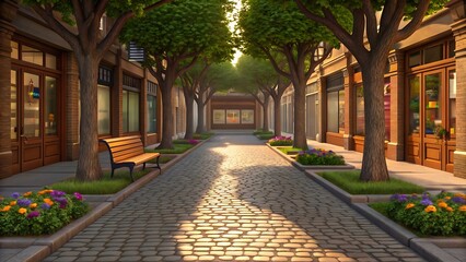 Obraz premium Charming Cobblestone Street with Shops, Trees, and Benches at Sunrise