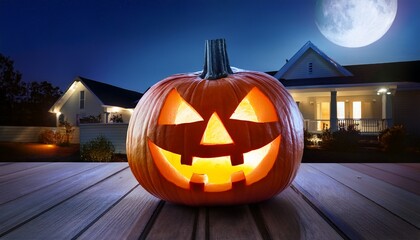 jack o lantern carved pumpkin on porch at night for halloween