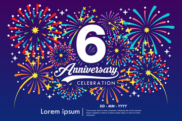 Fototapeta premium 6th years anniversary celebration emblem. anniversary logo isolated with ribbon, sparkle, twinkle fireworks and stars. vector illustration template design for web, flyers, poster, greeting card