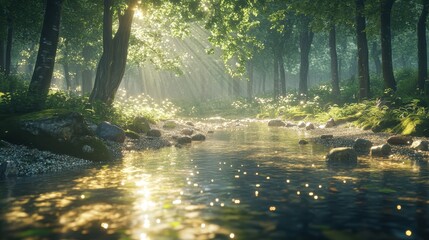 Fototapeta premium Sunlit stream flows through lush forest, rocks and moss line the banks. Perfect for illustrating tranquility, nature, or fantasy settings.