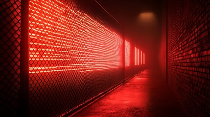 Red Neon Lights Illuminate Chain Link Fence Alleyway