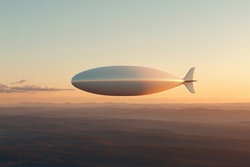 Futuristic Airship at Dusk: Modern Blimp Gliding Over Serene Sunset Landscape