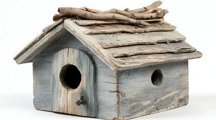Rustic Birdhouse Crafted from Weathered Wood with Stick Embellishments for Home and Garden Decor