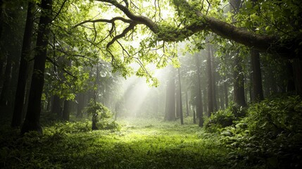 Obraz premium Mystical Forest Path Sunlit Trees Lush Greenery Foggy Atmosphere