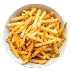 a white bowl filled with a pile of golden fried french fries isolated on transparent background, cut out, PNG 3D Digital Art.