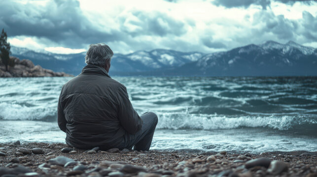 A man sits alone on a rocky beach, gazing at a stormy sea and distant mountains. - Powered by Adobe