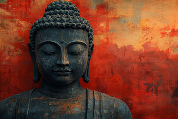 Buddha statue on a old red grunge background, copy space. Meditating Buddha. Buddha face
