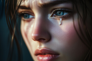 portrait of a woman crying with tears on her cheeks