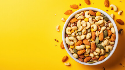 A bowl of mixed nuts and seeds on a yellow background.