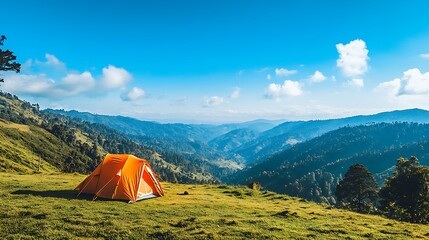 Camping Tent in Mountain Valley with Green Grass and Blue Sky