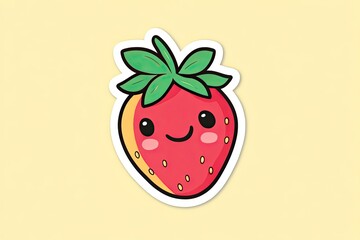 A cute sticker of a smiling strawberry with green leaves on a pastel yellow background. 