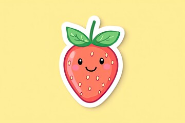 A cute sticker of a smiling strawberry with green leaves on a pastel yellow background. 