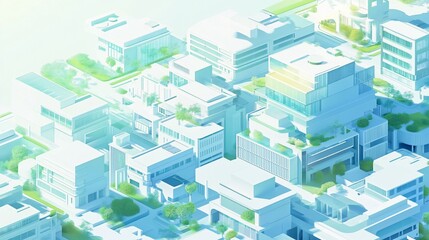 Isometric Cityscape Illustration showcasing modern buildings and green spaces with a light color palette