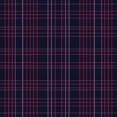 Seamless pattern, plaid pattern. The pattern consists of red and purple straight lines contrasting on a dark background. Suitable for use in fashion, textiles, graphic backgrounds or digital design.