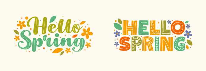 Hello Spring Text Stickers Banner Decorative with Flowers Bloom Floral Editable Vector Background
