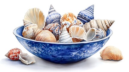 Seashells in a Blue Bowl Watercolor Painting